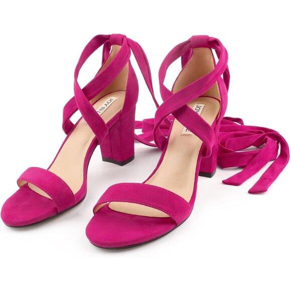 Women's Lace Up Heels 3 Inch Chunky Block Heel Strappy Sandal - Picture 3 of 6